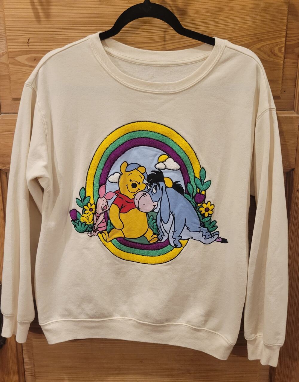 Disney Winnie the Pooh Rainbow Chenille Patch Sweatshirt Cream Womens L Eeyore